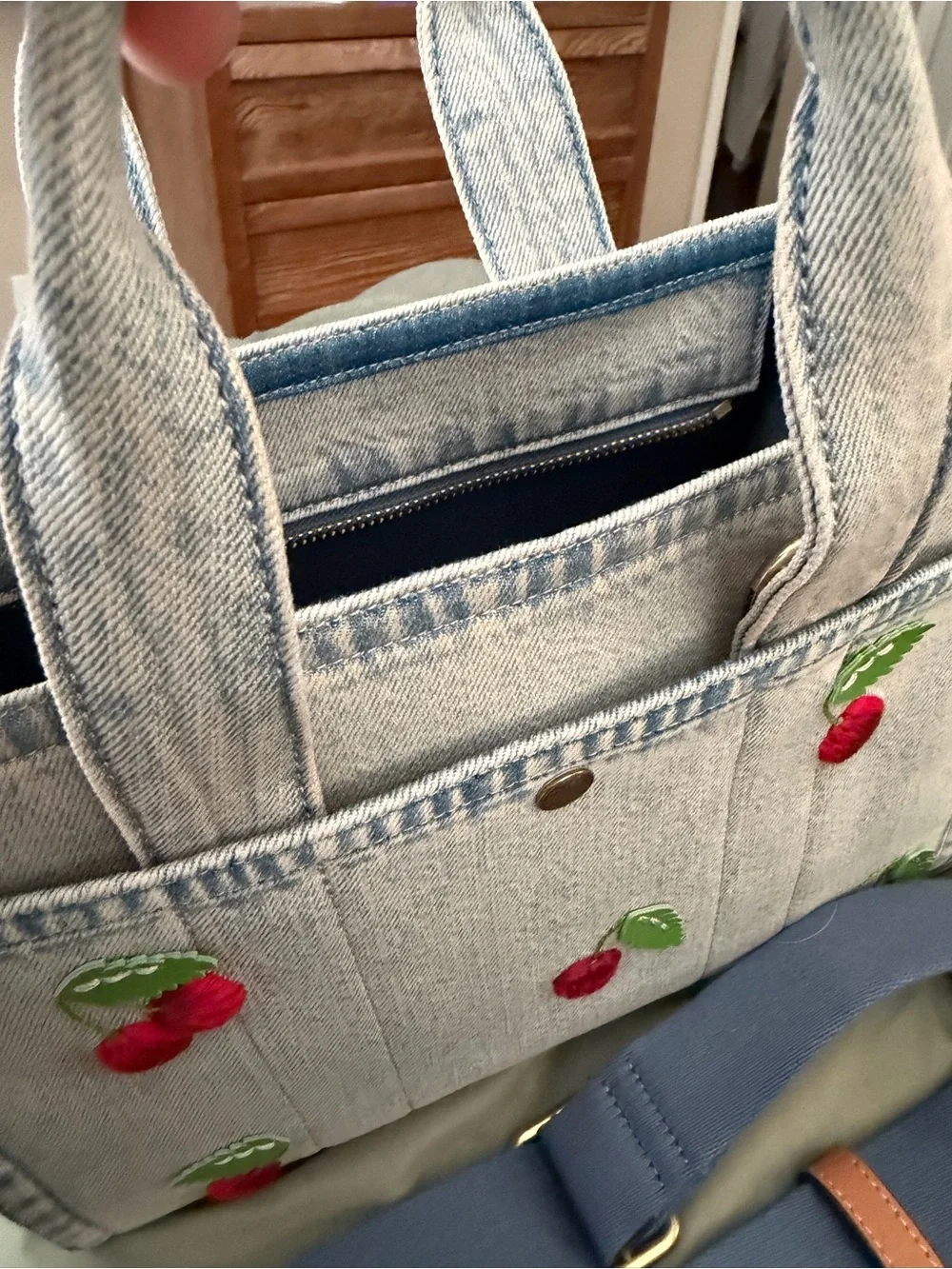 Coach Denim Cargo Bag 26 with Cherry Embroidery